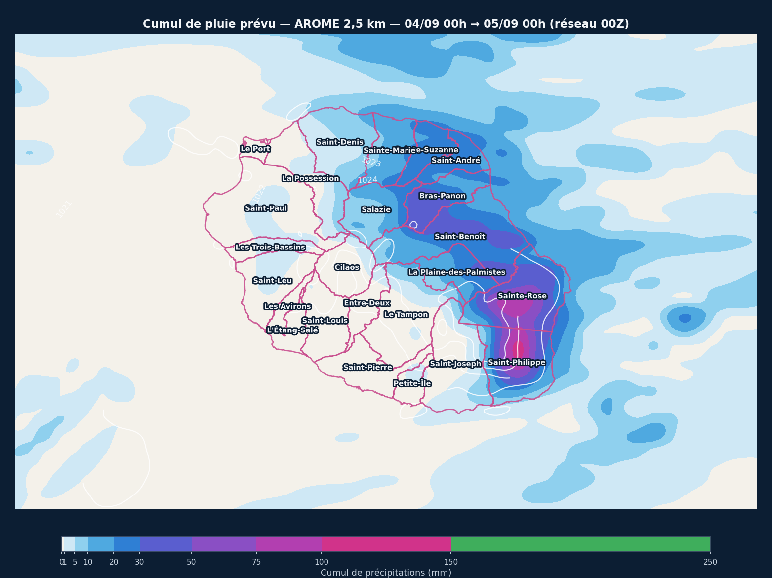 Cumul pluie 24h - Réunion (AROME 2,5km, auto)