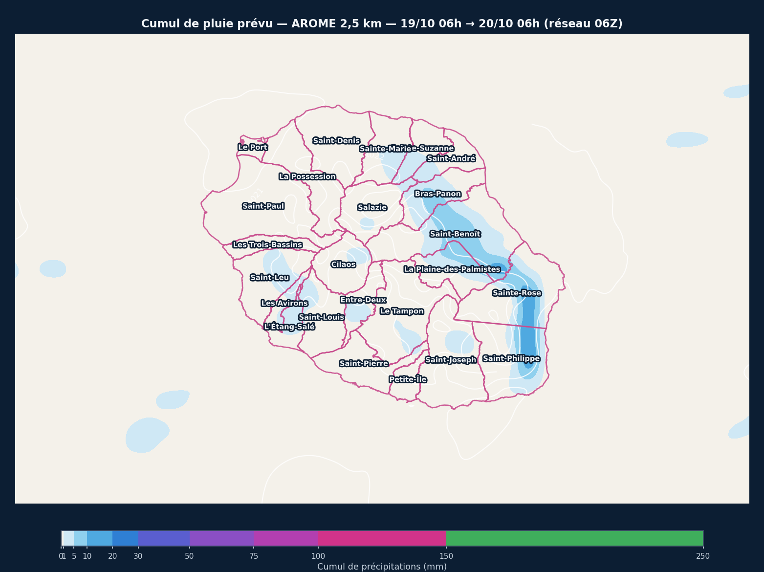Cumul pluie 24h - Réunion (AROME 2,5km, auto)