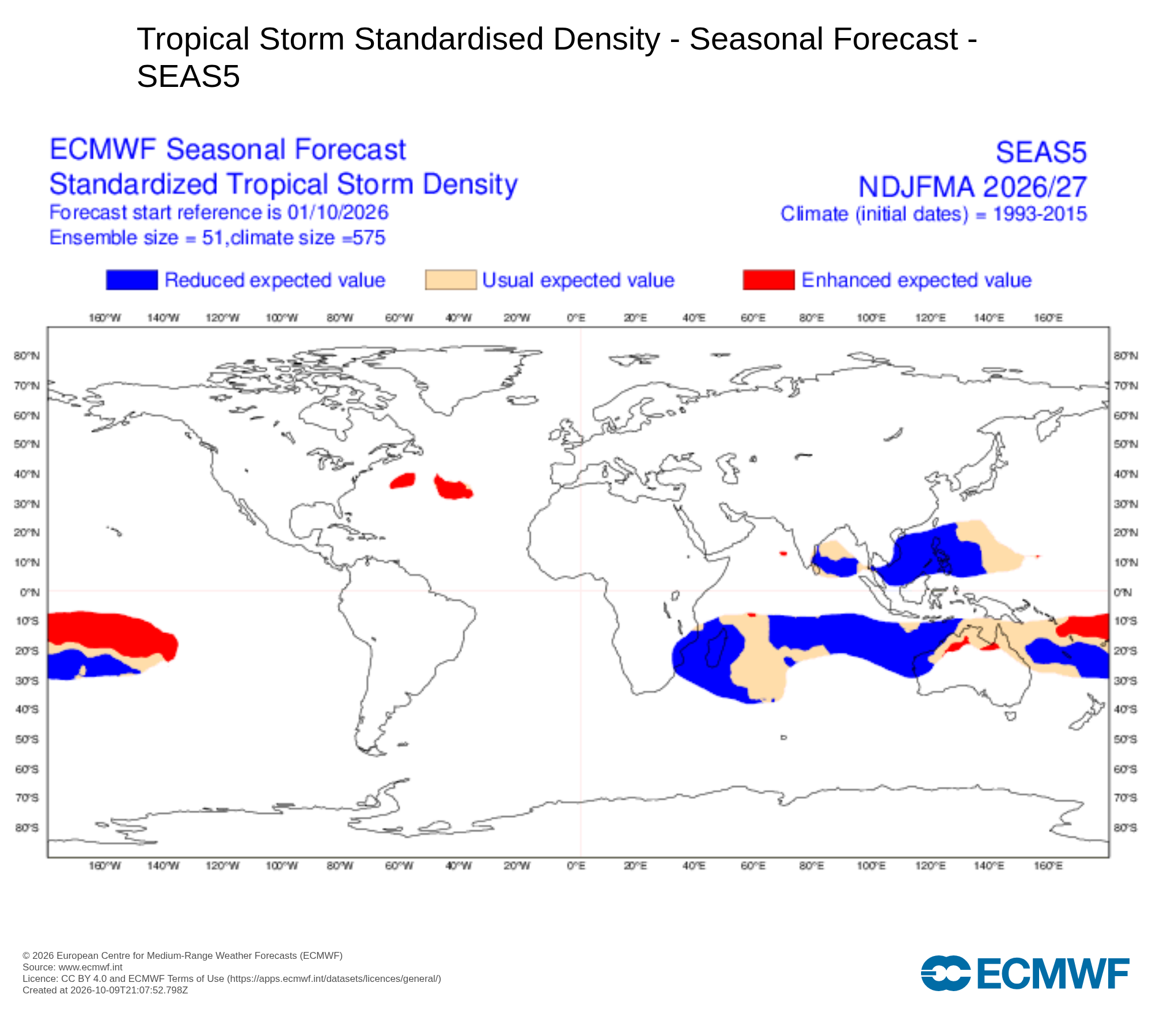 Densité de trajectoires cycloniques (ECMWF SEAS5)