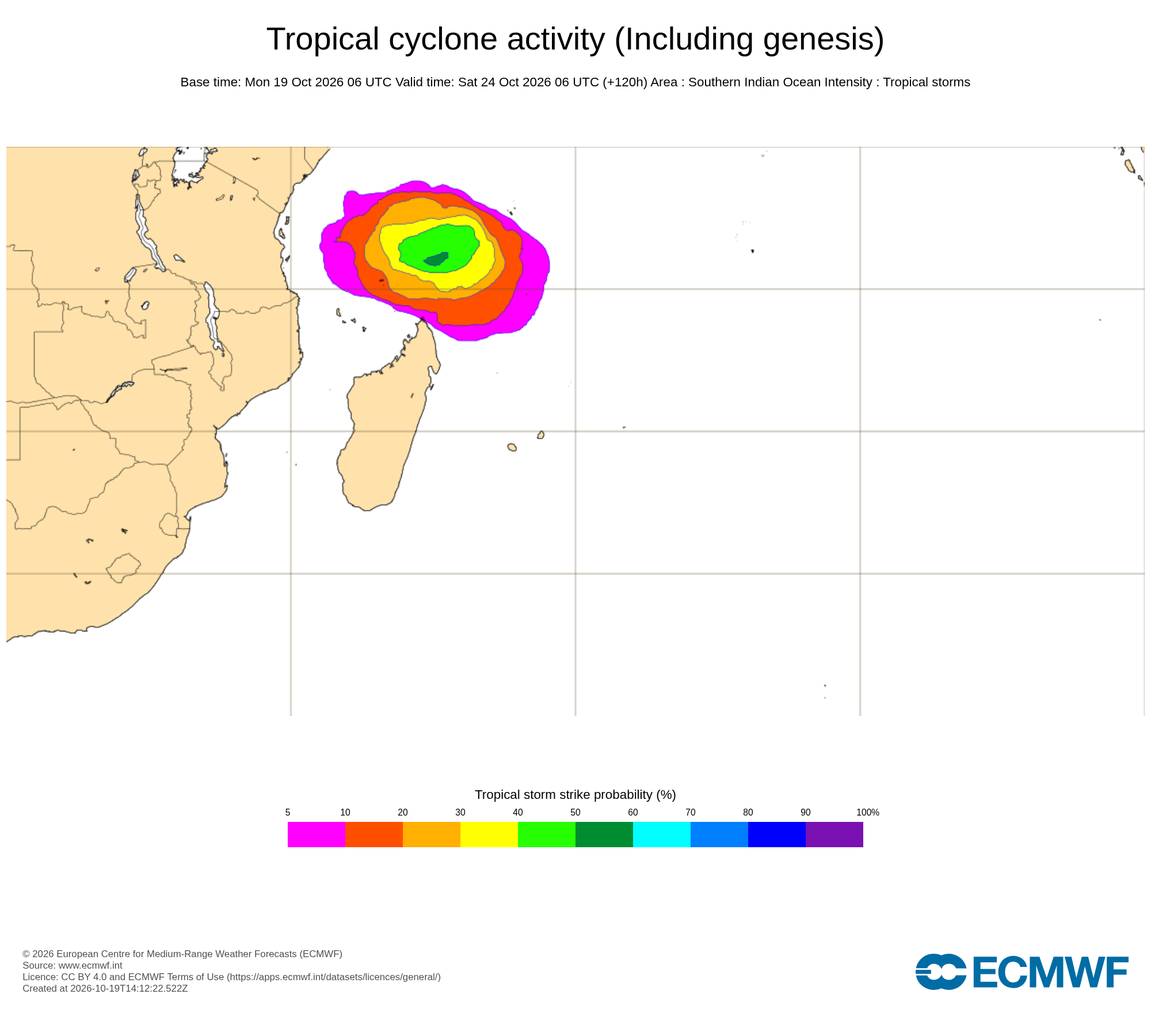 Probabilité de cyclogenèse (ECMWF, +120 h)